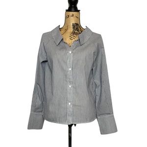 Blue White Striped Scalloped Collar Blouse M
